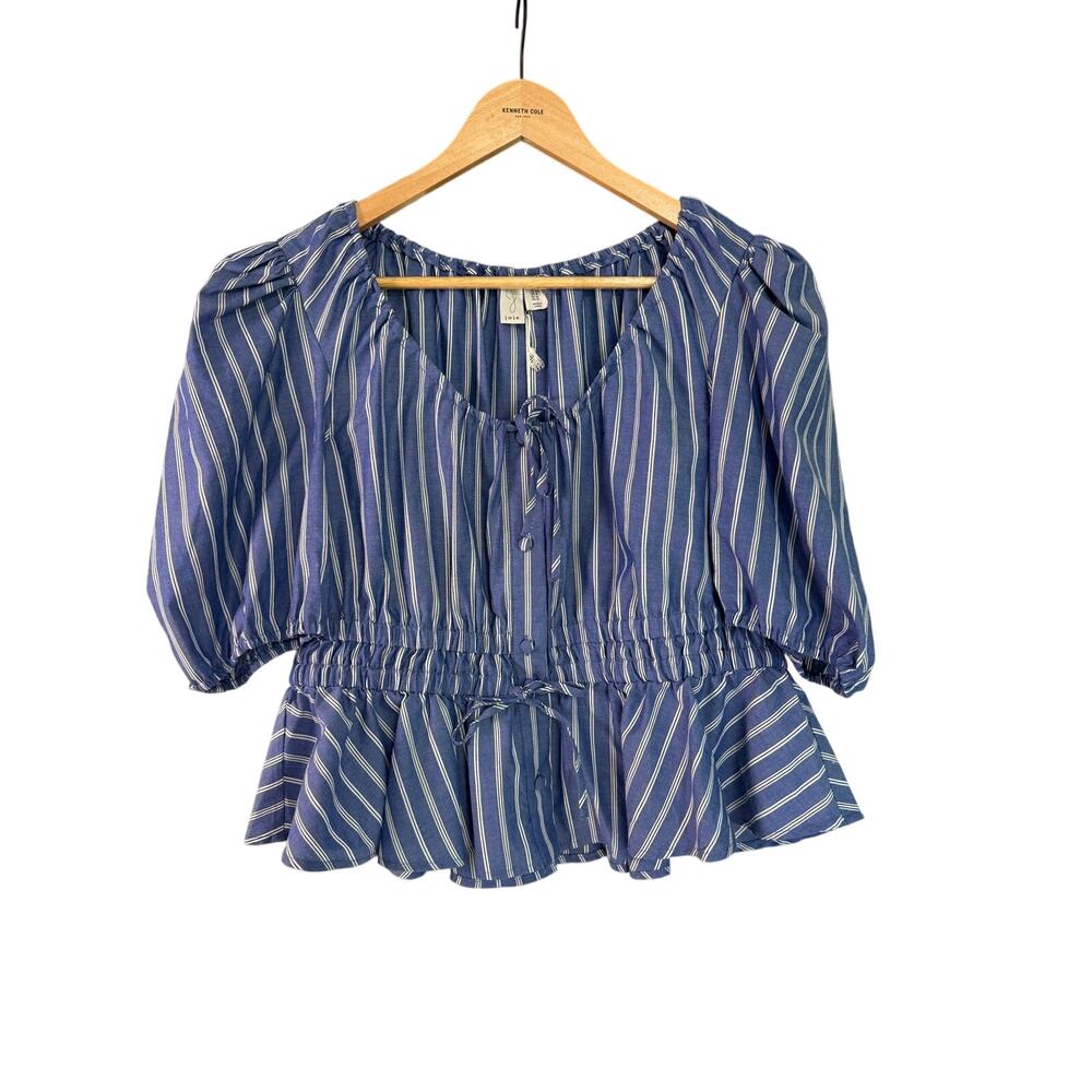 Joie Blue White Striped Peplum Blouse with 3/4 Puff Sleeves, Size S